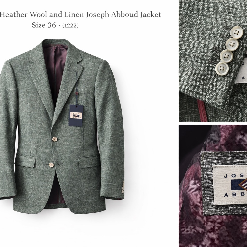 Joseph Abboud Green Heather Wool-Linen Sport Coat with Burgundy Lining - 36R